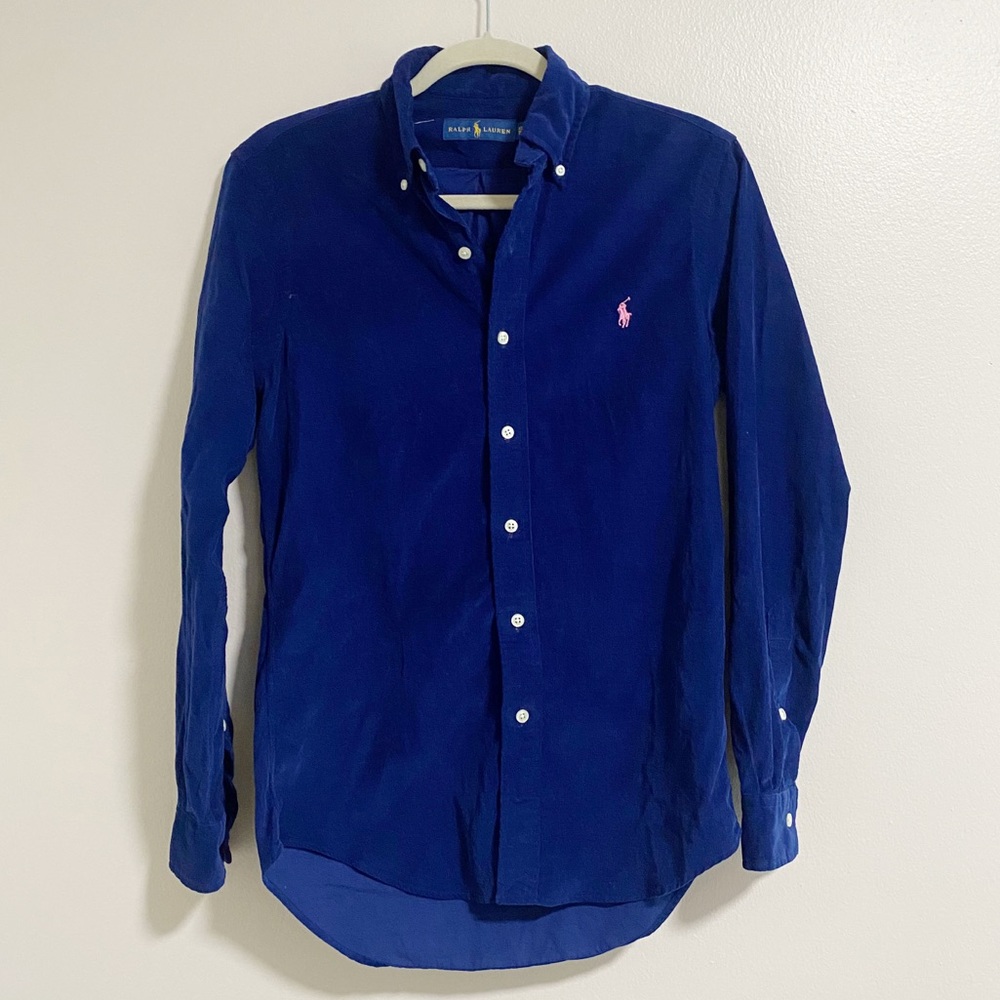 Ralph Lauren Navy Blue Button-Down Shirt with Pink Pony Logo